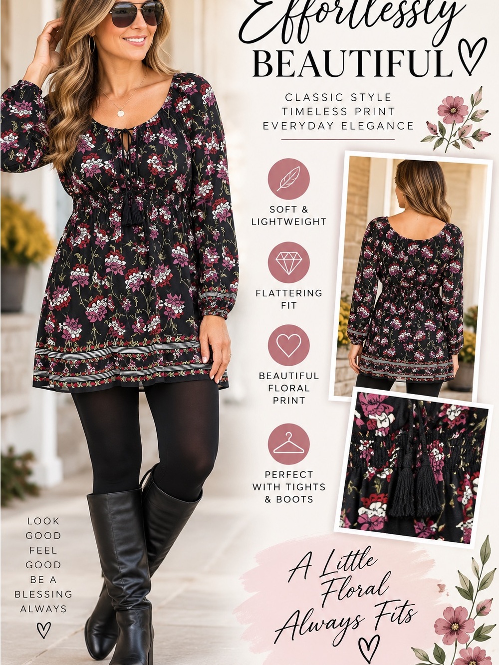 Sophie Max Black Floral Mini Dress with Pink and Cream Blooms